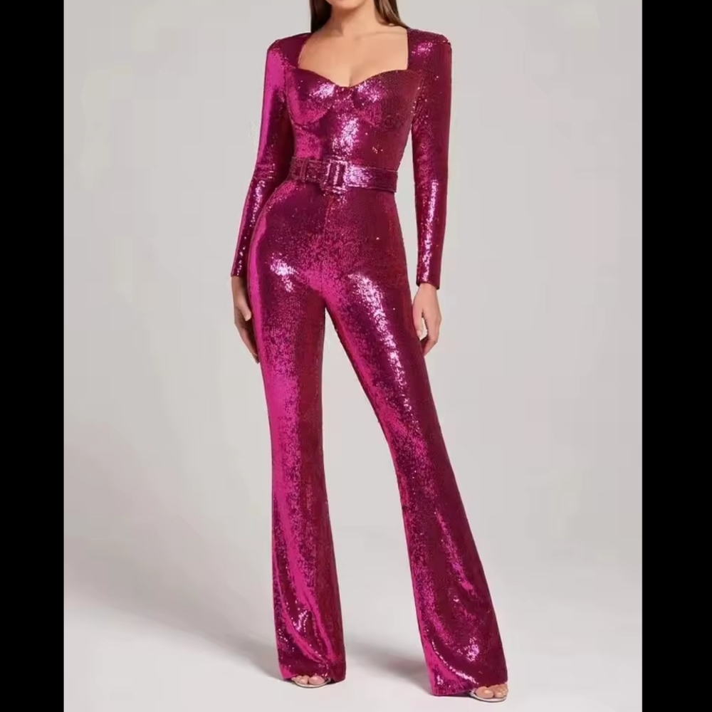Sexy Evening Dress Long Sleeve Belt Mopping Jumpsuit Sequined Fashion Suit